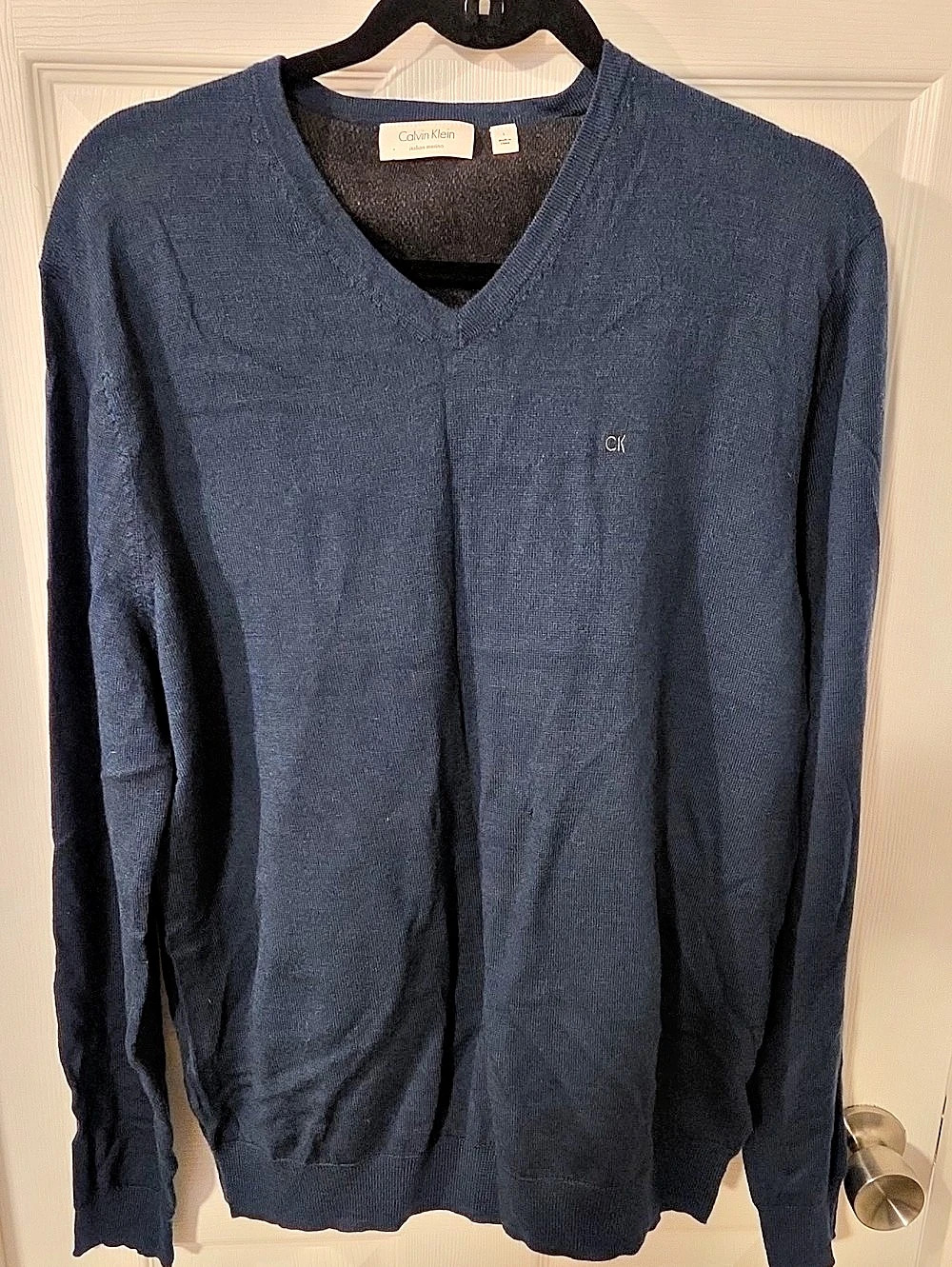 Calvin Klein Italian Merino Wool V-Neck Sweater Blue